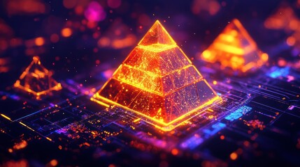 Canvas Print - Neon Pyramids: A Futuristic Digital Landscape of Glowing Structures and Circuitry