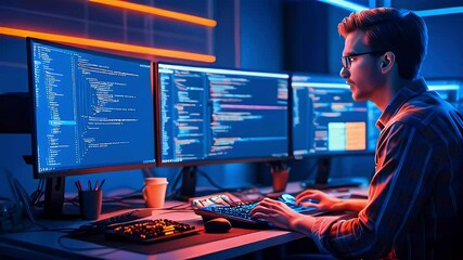 A programmer working intently at multiple monitors displaying code and data.