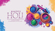 © Sanjay - Holi celebration illustration featuring bowls of vibrant powder and a festive greeting message, symbolizing joy, happiness, and cultural festivity associated with this traditional festival.