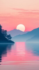 Canvas Print - Pink Sunset Over the Mountains and Lake