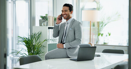 Aufkleber - Phone call, laugh and business man in office for online meeting, networking and discussion. Corporate worker, professional and person on smartphone talking for contact, chatting and communication