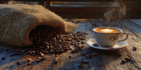 Wall Mural - A cup of coffee with steaming hot espresso and a bag full of coffee beans on a wooden table.