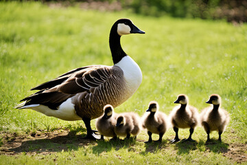 a canadian goose with three goslings in a grassy field.