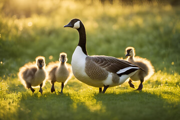 a canadian goose with three fluffy goslings in a sunny grassy field.