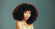 © peopleimages.com - Portrait, afro growth or girl with hair care, beauty and treatment for wellness or health. Shine, shampoo or confident model woman with face, volume or natural texture on studio background in Brazil
