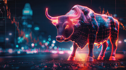Fototapete - Modern wallpaper design featuring a bull representing the stock market, with a trading chart background, and a vibrant neon color palette with black line art.
