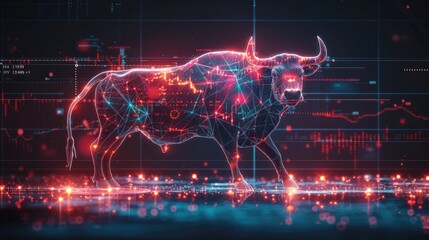 Fototapete - Modern wallpaper design featuring a bull representing the stock market, with a trading chart background, and a vibrant neon color palette with black line art.