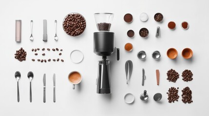 Leinwandbilder - Coffee beans, cups, spoons, and a coffee maker are arranged in a flat lay, creating an inviting setup perfect for text addition. Generative AI