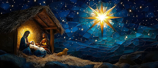 Wall Mural - a bright star illuminating the night sky, shining over the manger scene with mary, joseph, and baby 