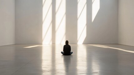 Fototapete - A lone person sits cross-legged on the floor of an expansive gallery, illuminated by sunlight filtering through high windows. Generative AI