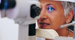 © peopleimages.com - Eye exam, vision and light with old woman in clinic for optometrist, healthcare and consulting. Medical, ophthalmologist and slit lamp with patient and equipment for retina, test and assessment