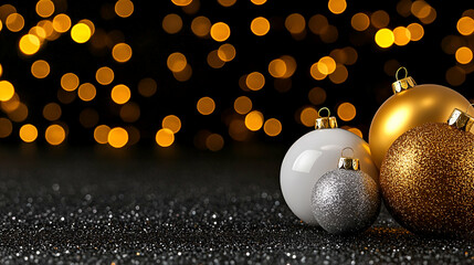 Poster - Ornate Christmas ornaments in gold, silver, and white against a blurred background of warm bokeh lights.