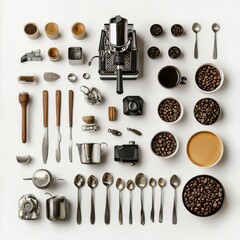 Leinwandbilder - Flat lay arrangement showcases coffee beans, cups, spoons, and a coffee maker, offering space for text in a clean setting ideal for coffee lovers. Generative AI