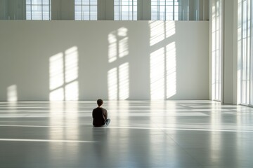 Poster - A person sits quietly on the floor of a spacious gallery, feeling the solitude of the area filled with light and shadows. Generative AI