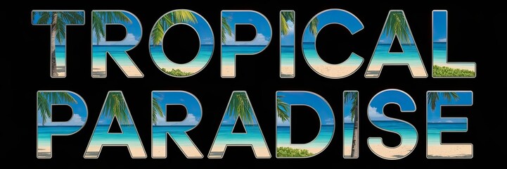 Wall Mural - Tropical Paradise Text with Beach and Palm Trees Inside Letters