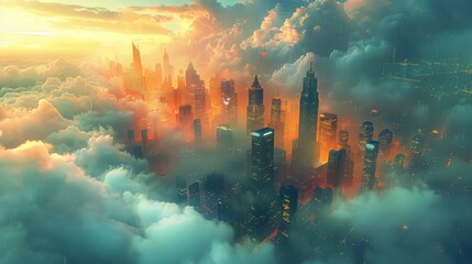 Wall Mural - Futuristic city skyline enveloped in dramatic clouds at sunset.