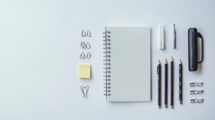 Poster - Desk supplies including pens, pencils, sticky notes, and clips are neatly arranged, offering a blank space for creative writing or planning. Generative AI