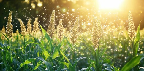 Wall Mural - cornfield, sun, golden hour, sunlight, agricultural landscape A vibrant cornfield bathed in warm sunlight with sparkling bokeh effects, highlighting nature s beauty in a peaceful setting