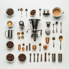 Poster - This flat lay showcases various coffee-related items, including beans, cups, and utensils, arranged neatly with blank space for additional text. Generative AI