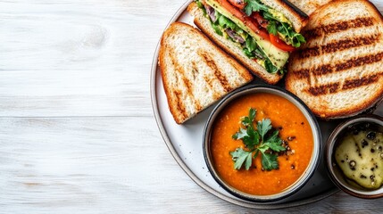 Wall Mural - Vegetarian Lunch Sandwiches and Soup, A Healthy and Delicious Meal on a White Wooden Background