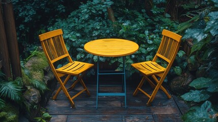 Wall Mural - in a nature house a bright yellow plastic table and two chairs are arranged on a dark wood outdoor terrace high quality phot