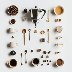 Leinwandbilder - A flat lay setup showcases coffee beans, elegant cups, and spoons surrounding a coffee maker, designed for text placement. Generative AI