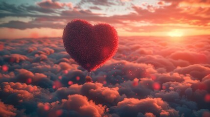 Wall Mural - Heart-shaped hot air balloon floats above clouds at sunset.