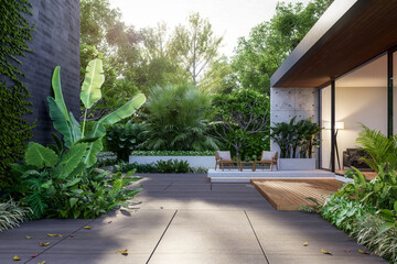 Modern loft style tropical garden of modern house 3d render illustration