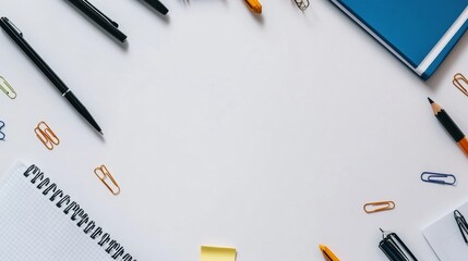 Poster - Various office supplies like pens, pencils, paper clips, and sticky notes are neatly arranged on a white desk, providing a clean workspace for tasks. Generative AI