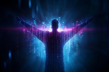 Silhouette of person in digital matrix with vibrant neon colors and binary code
