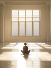 Poster - A person sits quietly on the floor in a vast, empty gallery, illuminated by sunlight streaming through large windows, creating a serene atmosphere. Generative AI