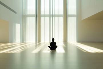 Fototapete - A solitary person sits cross-legged on the floor of a spacious gallery, surrounded by large windows letting in natural light. Generative AI