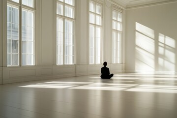 Poster - A solitary person lounges on the sunlit gallery floor, surrounded by bright walls and open space, perfect for contemplation or creativity. Generative AI