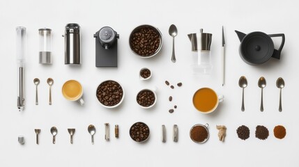 Leinwandbilder - Arrangement of coffee beans, cups, and tools showcases coffee preparation in a minimalistic style, perfect for design projects or recipes. Generative AI