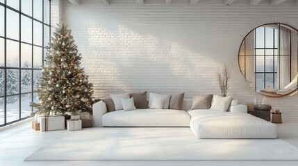 Wall Mural - modern white living room interior with christmas tree