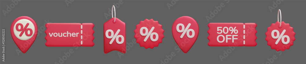 Red 3D promotion labels set. Special offer percent sign voucher ...
