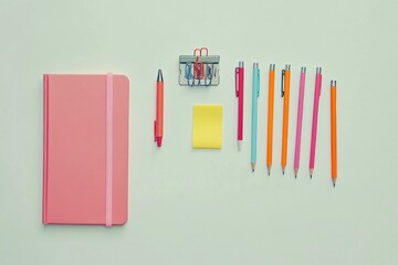 Poster - Vibrant pens, pencils, paper clips, sticky notes, and a notebook create an organized workspace with ample room for writing. Generative AI