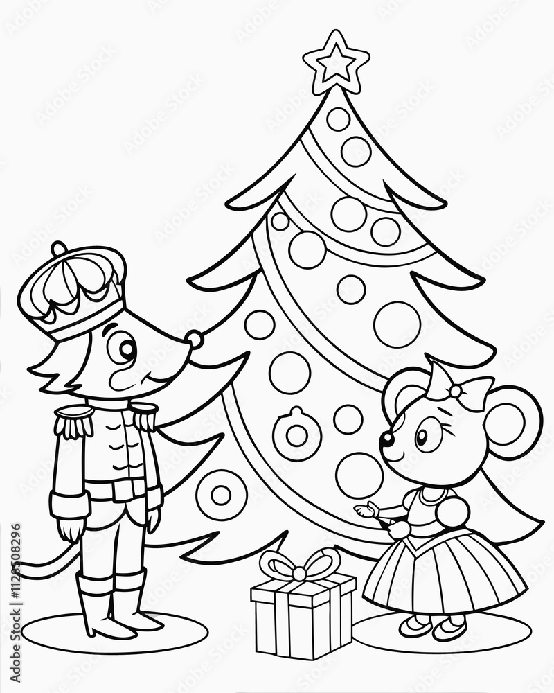 Winter mood coloring page. Christmas coloring book with mouse kind and