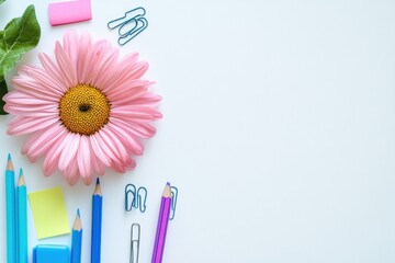 Poster - Colorful office supplies including pens, pencils, and sticky notes are placed around a pink flower on a blank workspace, inviting creativity. Generative AI