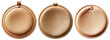 © Alberto Masnovo - Extreme close-up of a group of three blank round beige leather badges with seams and copy space. Isolated on white or transparent background. Png. Collection and variation. Generative Ai.