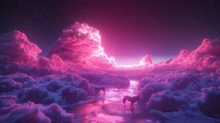 Wall Mural - Two horses walk in a surreal pink landscape at night with glowing clouds and a starry sky.