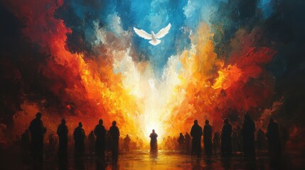Wall Mural - pentecost the descent of the holy spirit on the followers people in front of a bright fire with whit