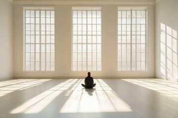 Poster - A person sits in solitude on the floor of a bright gallery surrounded by expansive, empty space and large windows providing natural light. Generative AI