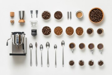 Leinwandbilder - Flat lay displays coffee beans in various containers, cups filled with brewed coffee, and a coffee maker ready for use. Generative AI