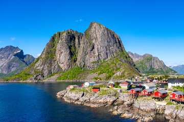 Wall Mural - hamnoy reine, lofoten islands, norway, picturesque fishing village and majestic mountains