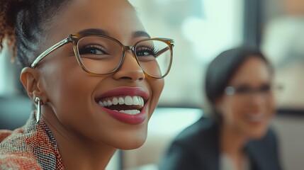 A group of business people smiling and laughing during an office meeting