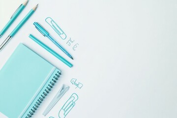 Poster - Colorful office supplies like pens, pencils, paper clips, and a notebook are neatly arranged, creating perfect space for notes. Generative AI