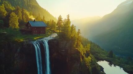 Poster - Serene Sunrise at Waterfall Cabin: Breathtaking Aerial View of a Picturesque Mountain Chalet Cascading Over a Majestic Waterfall into a Serene Lake Nestled in a Lush Green Valley