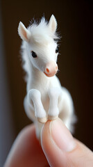 Super cute white baby cow, hyper-realistic animal photography, miniature creature perched on the tip of someone's finger.


