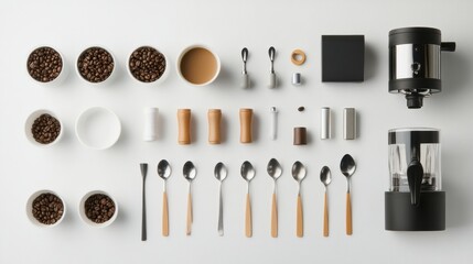 Leinwandbilder - Coffee beans are artfully displayed alongside cups, spoons, and a coffee maker, creating an inviting setup for coffee enthusiasts. Generative AI